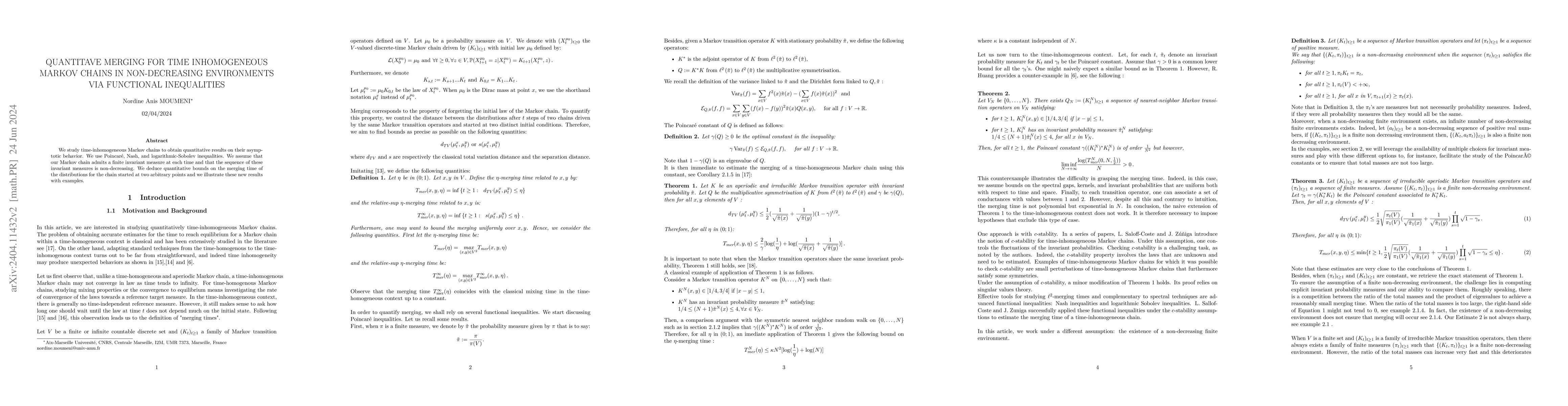 Thumbnail for Quantitative merging for time-inhomogeneous Markov chains in
  non-decreasing environments via functional inequalities
