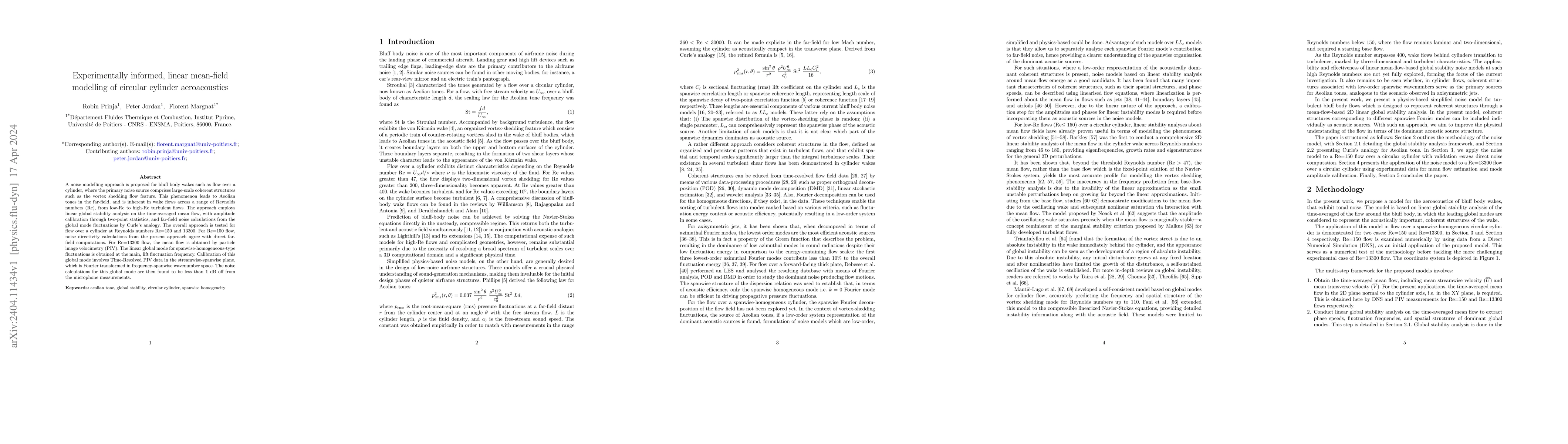Thumbnail for Experimentally informed, linear mean-field modelling of circular
  cylinder aeroacoustics
