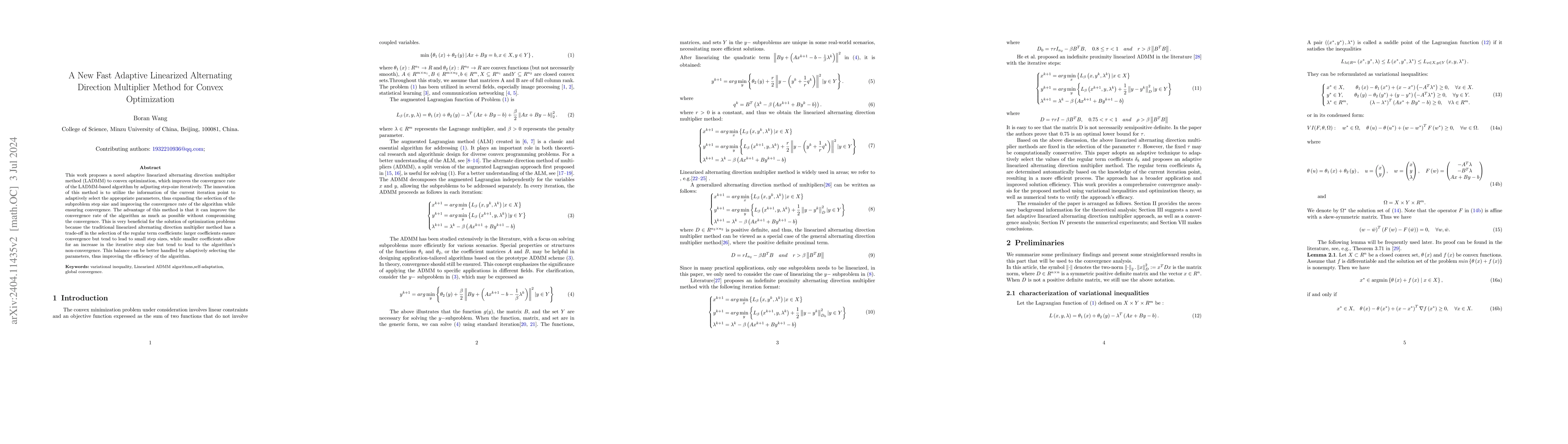 Thumbnail for A New Fast Adaptive Linearized Alternating Direction Multiplier Method
  for Convex Optimization