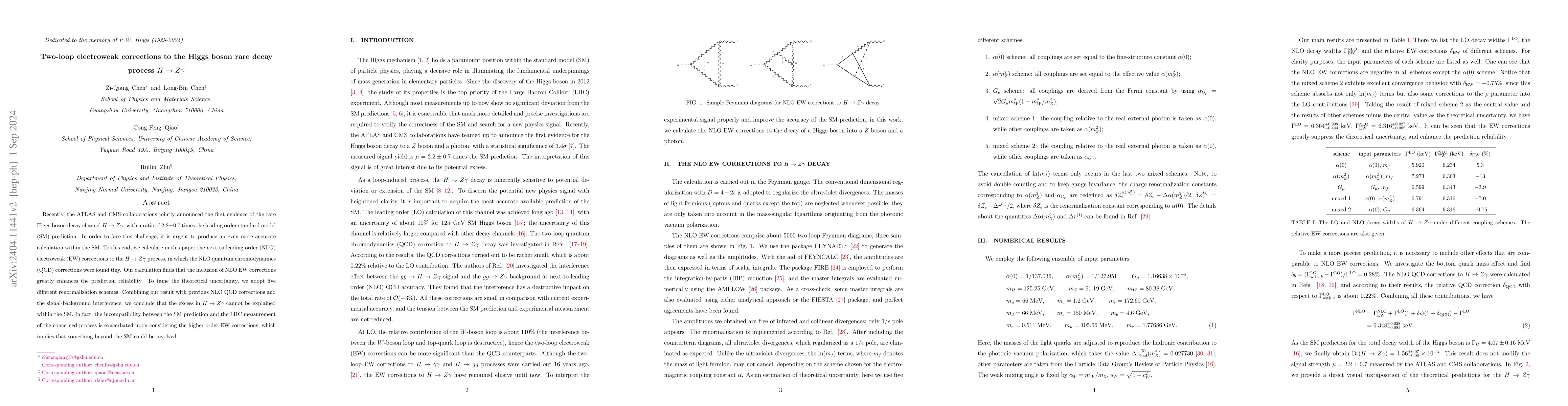 Thumbnail for Two-loop Electroweak corrections to the Higgs boson rare decay process
  $H\to Z\gamma$