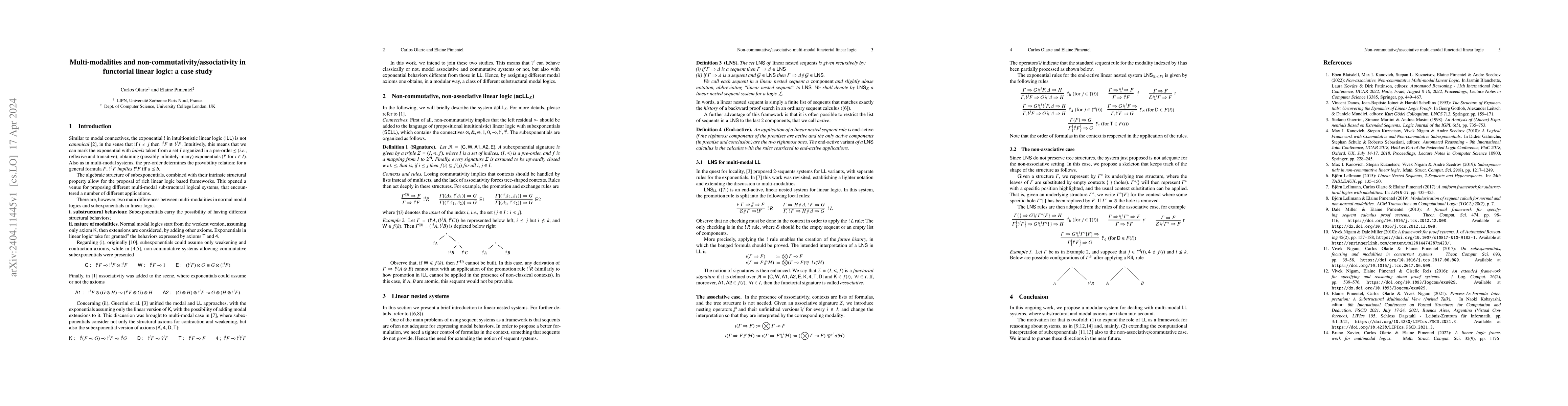 Thumbnail for Multi-modalities and non-commutativity/associativity in functorial
  linear logic: a case study