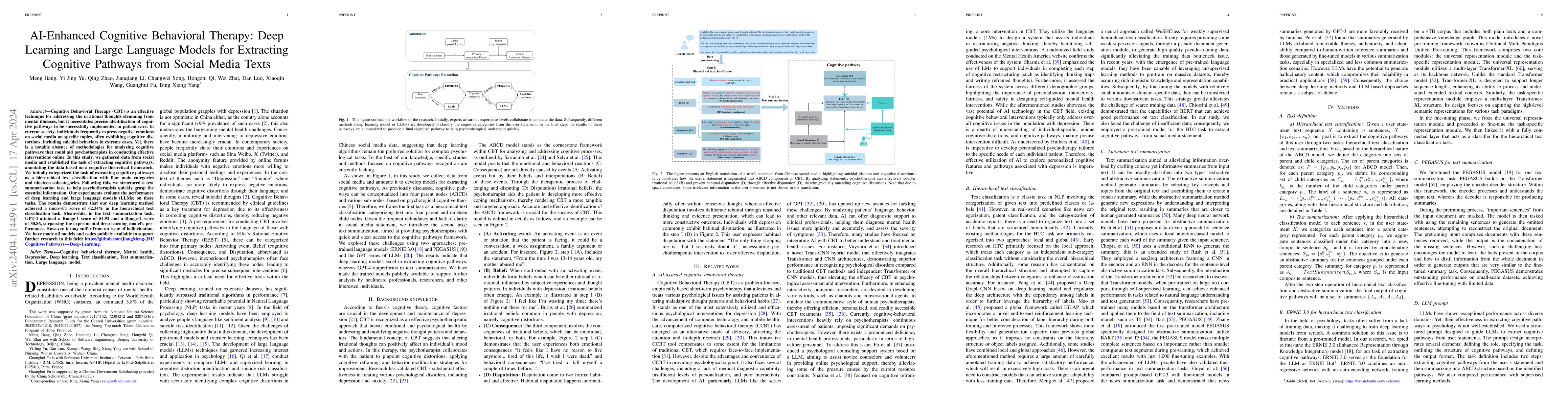 Thumbnail for AI-Enhanced Cognitive Behavioral Therapy: Deep Learning and Large
  Language Models for Extracting Cognitive Pathways from Social Media Texts