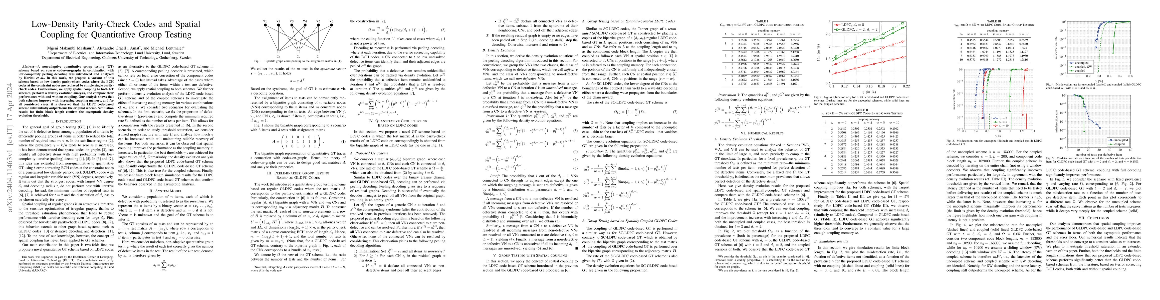 Thumbnail for Low-Density Parity-Check Codes and Spatial Coupling for Quantitative
  Group Testing