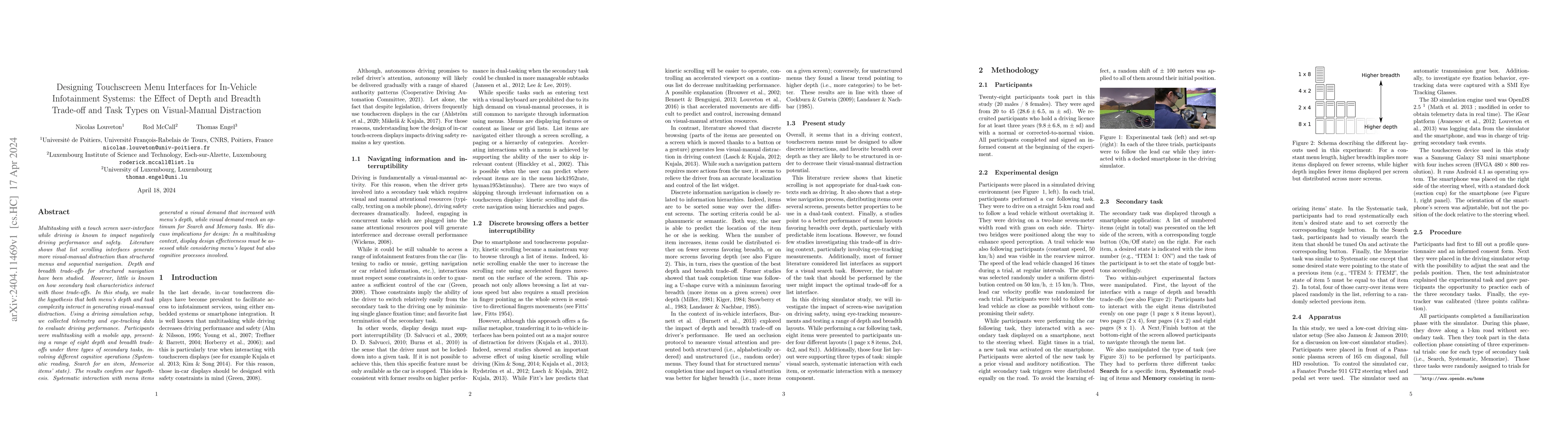 Thumbnail for Designing Touchscreen Menu Interfaces for In-Vehicle Infotainment
  Systems: the Effect of Depth and Breadth Trade-off and Task Types on
  Visual-Manual Distraction