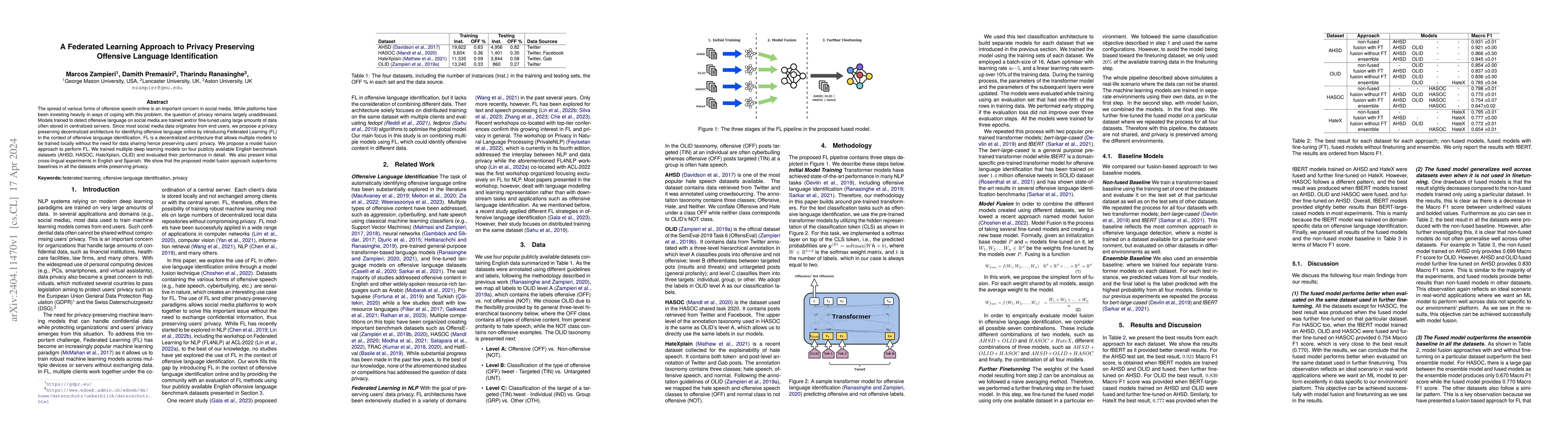 Thumbnail for A Federated Learning Approach to Privacy Preserving Offensive Language
  Identification