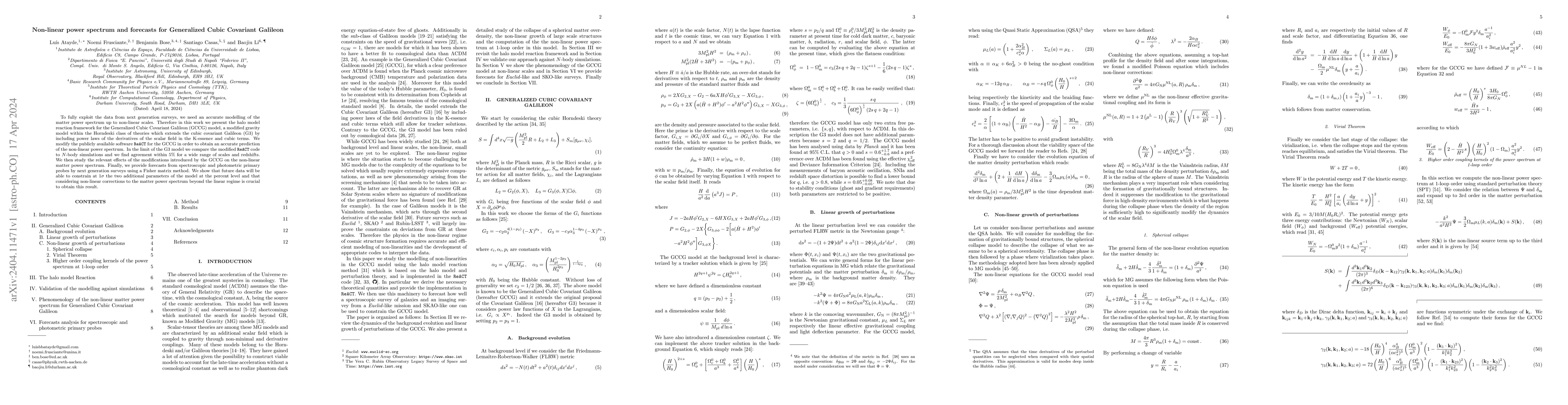 Thumbnail for Non-linear power spectrum and forecasts for Generalized Cubic Covariant
  Galileon