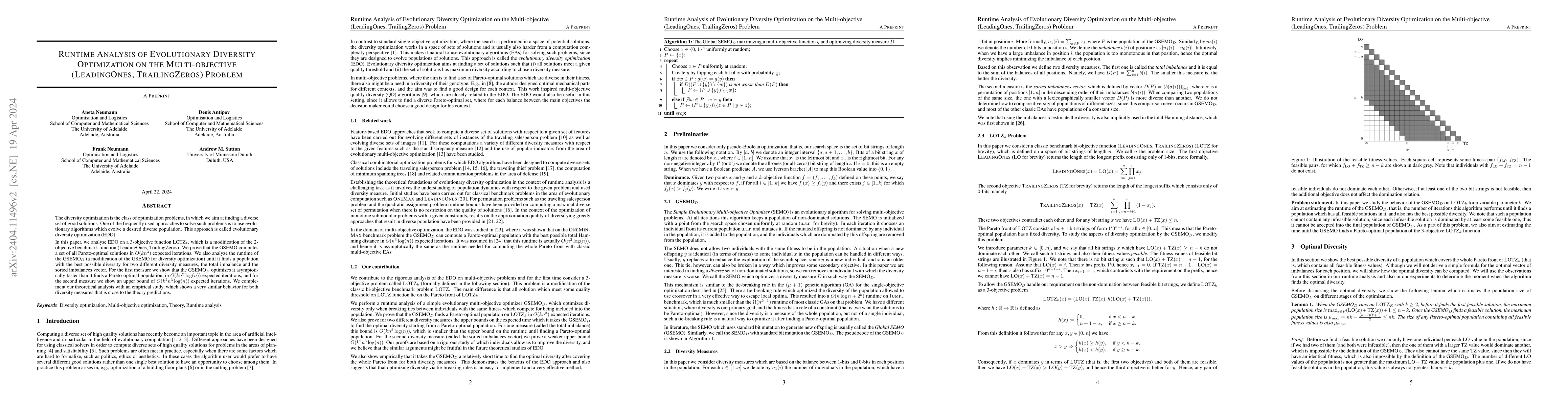 Thumbnail for Runtime Analysis of Evolutionary Diversity Optimization on the
  Multi-objective (LeadingOnes, TrailingZeros) Problem