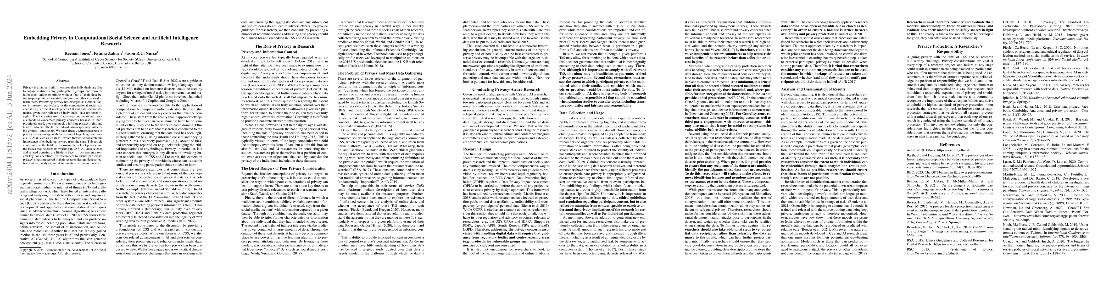 Thumbnail for Embedding Privacy in Computational Social Science and Artificial
  Intelligence Research