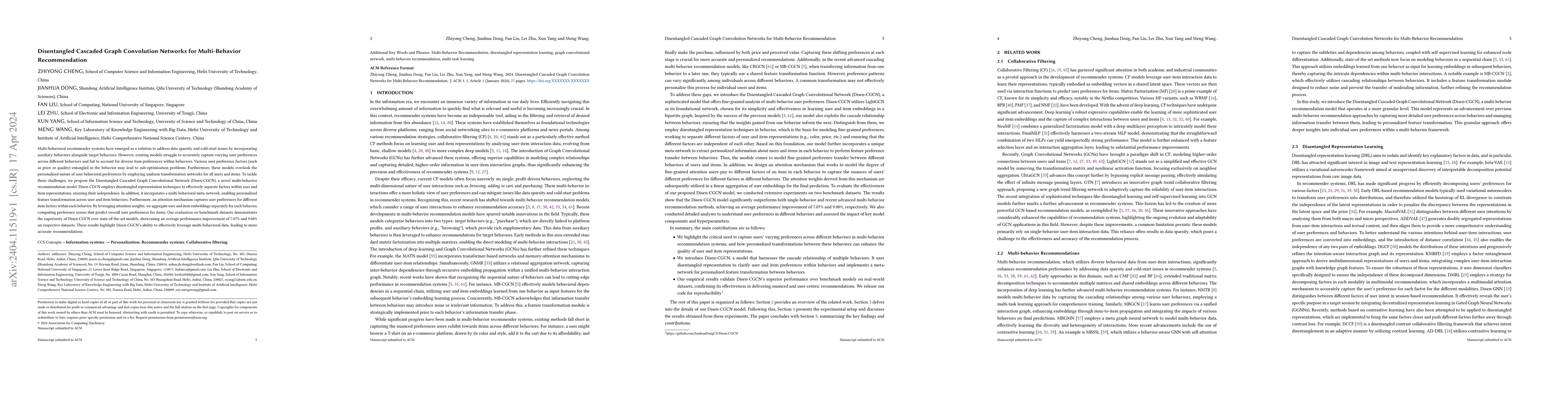 Thumbnail for Disentangled Cascaded Graph Convolution Networks for Multi-Behavior
  Recommendation