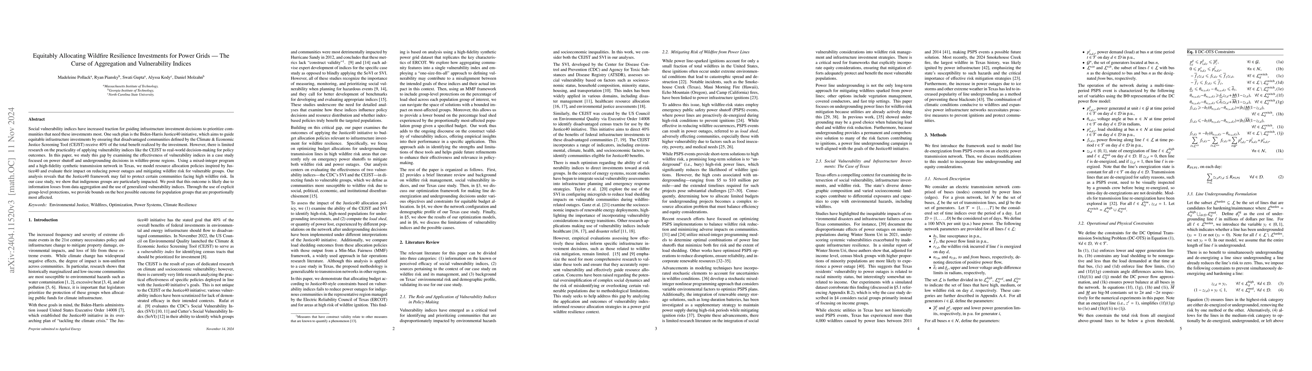 Thumbnail for Equitably allocating wildfire resilience investments for power grids:
  The curse of aggregation and vulnerability indices