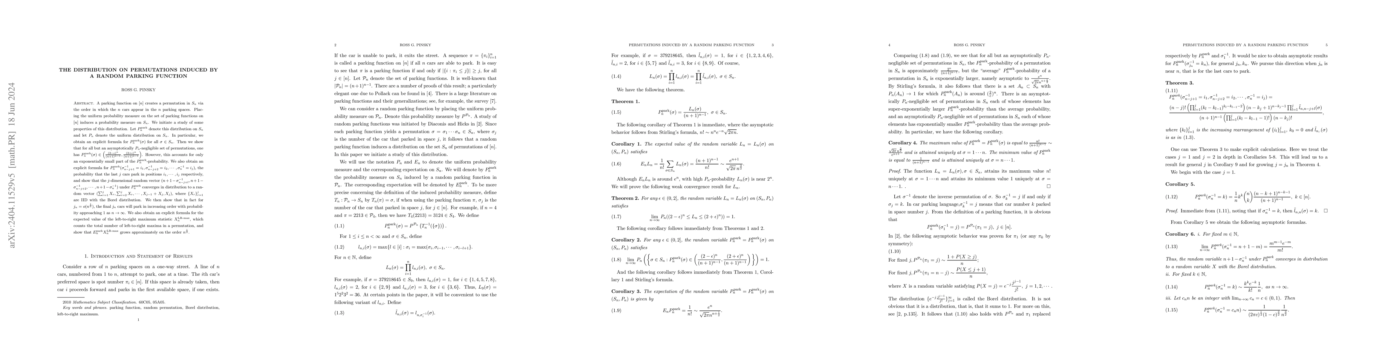 Thumbnail for The distribution on permutations induced by a random parking function
