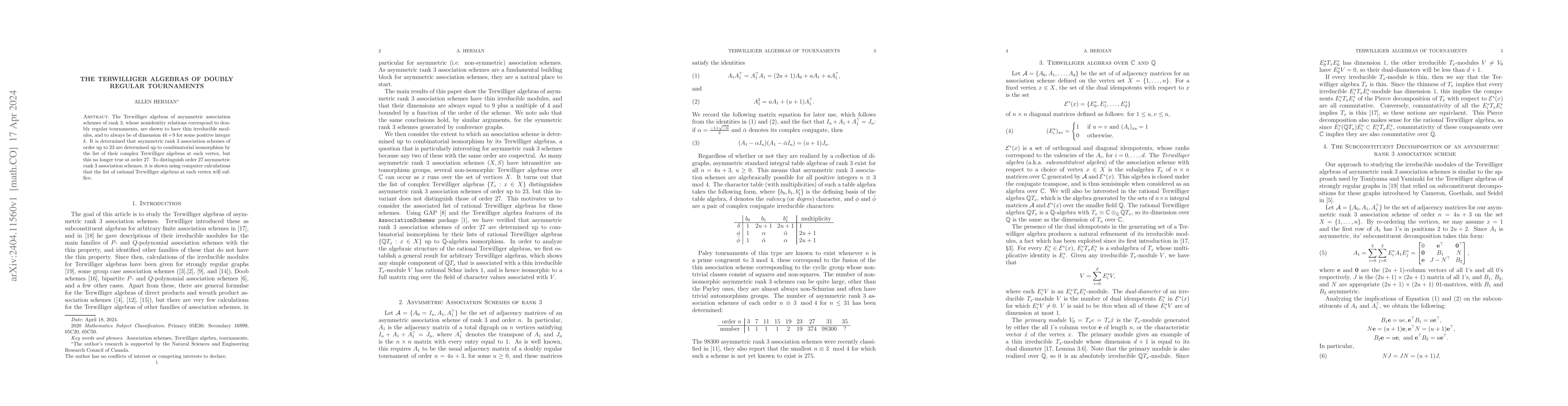 Thumbnail for The Terwilliger algebras of doubly regular tournaments