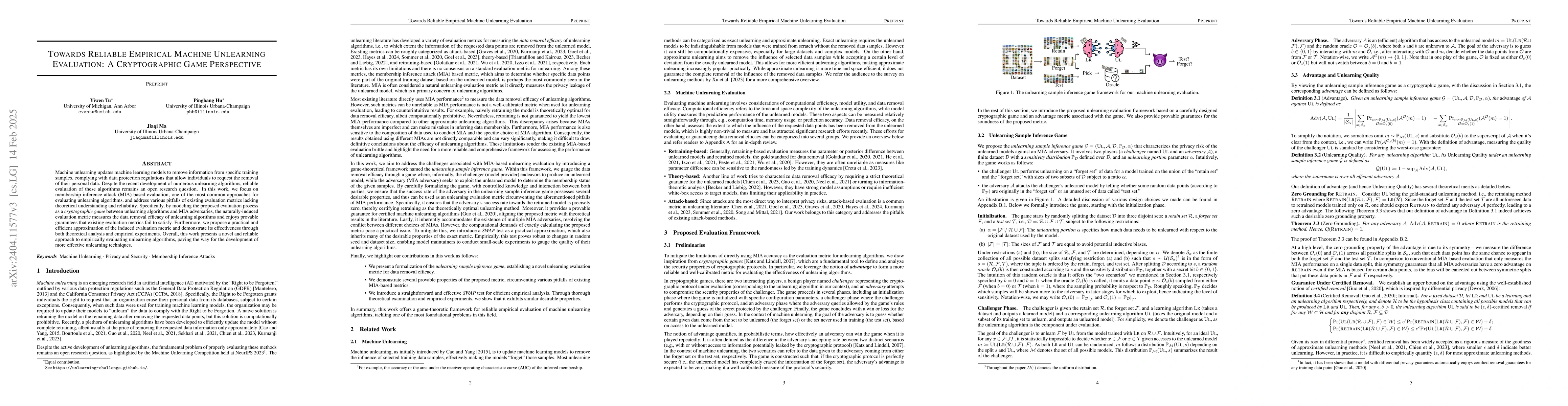 Thumbnail for Towards Reliable Empirical Machine Unlearning Evaluation: A
  Game-Theoretic View