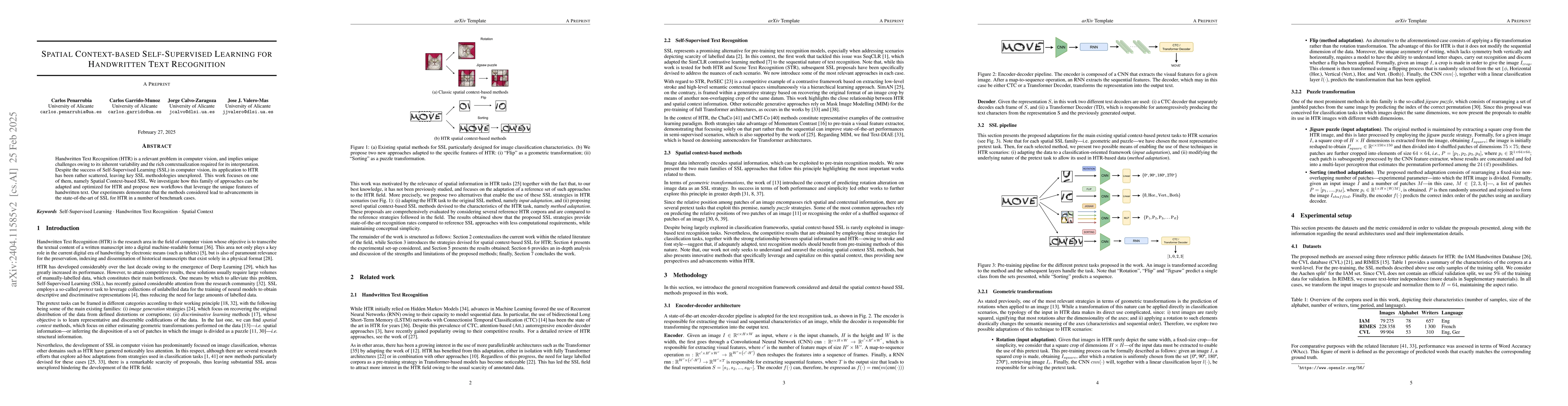 Thumbnail for Spatial Context-based Self-Supervised Learning for Handwritten Text
  Recognition