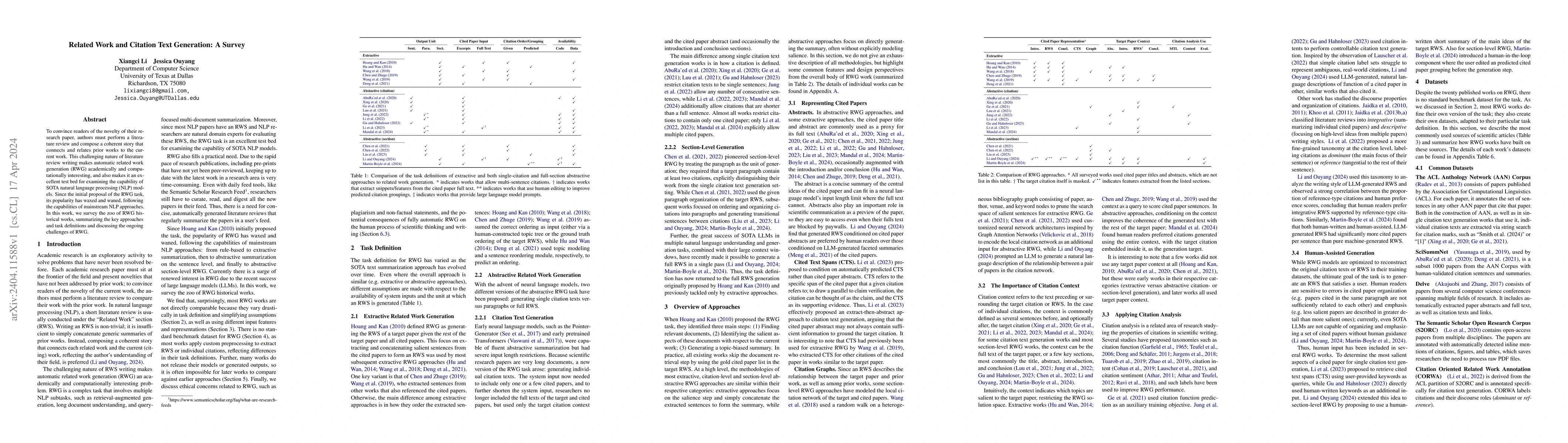 Thumbnail for Related Work and Citation Text Generation: A Survey
