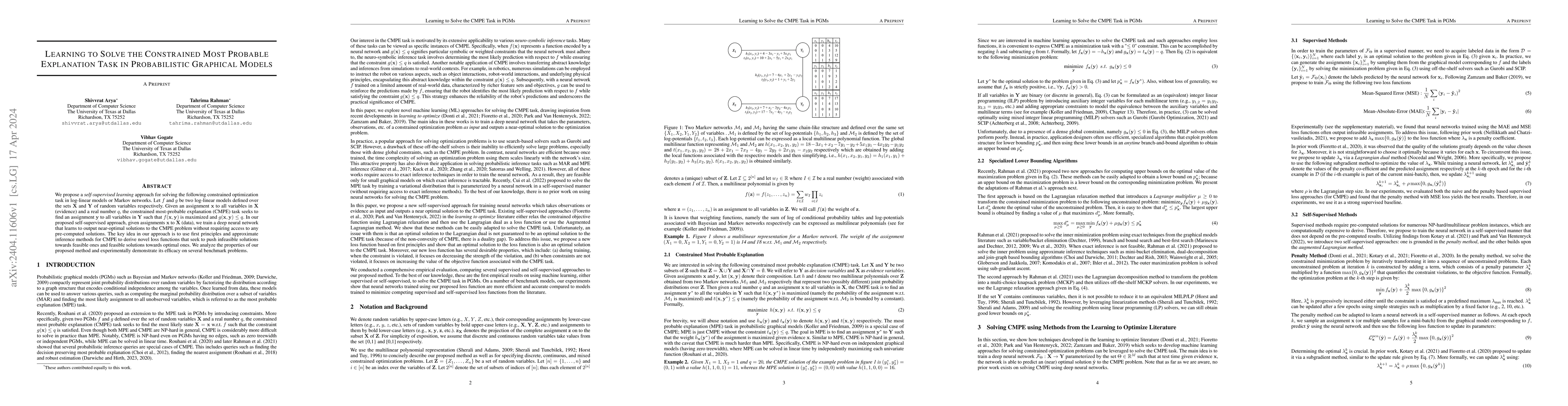 Thumbnail for Learning to Solve the Constrained Most Probable Explanation Task in
  Probabilistic Graphical Models