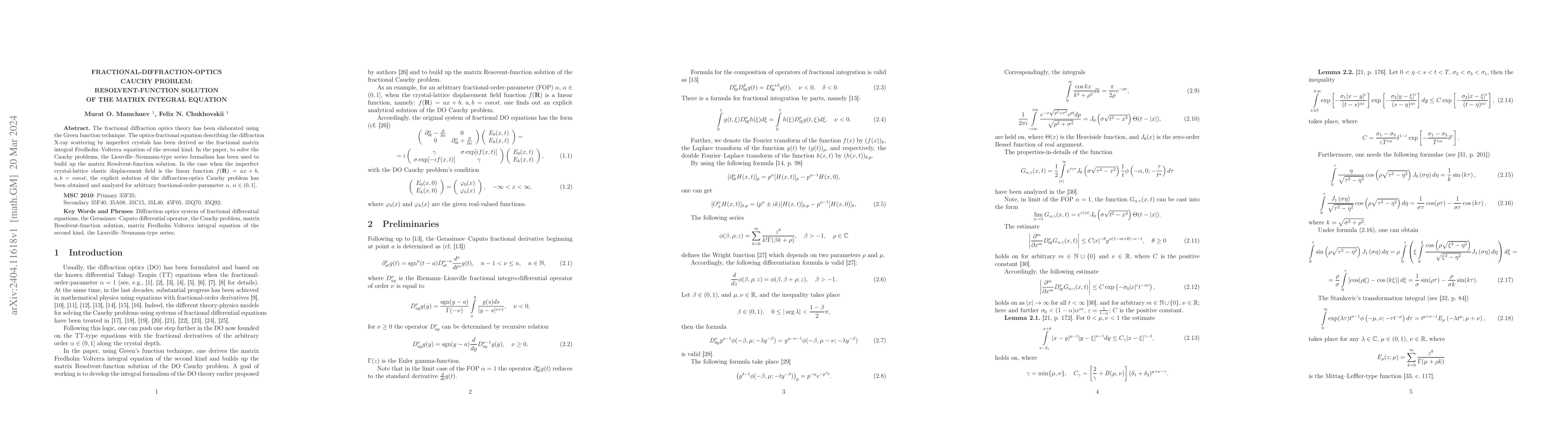 Thumbnail for Fractional-Diffraction-Optics Cauchy Problem: Resolvent-Function
  Solution of the Matrix Integral Equation