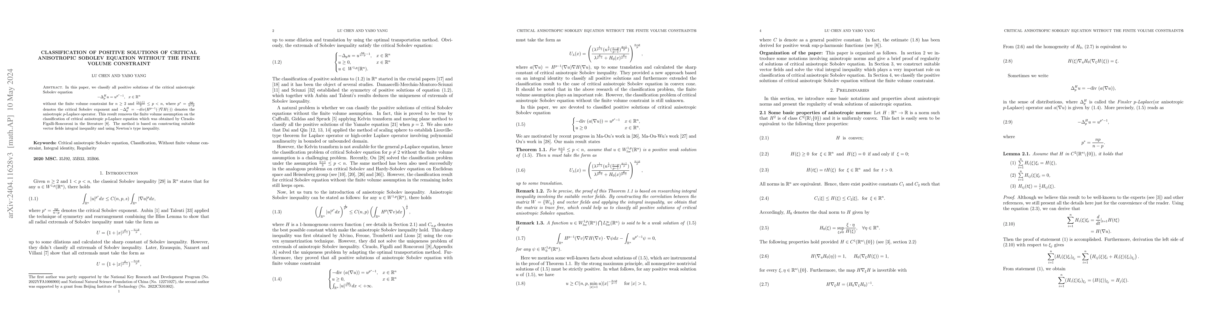 Thumbnail for Classification of positive solutions of critical anisotropic Sobolev
  equation without the finite volume constraint