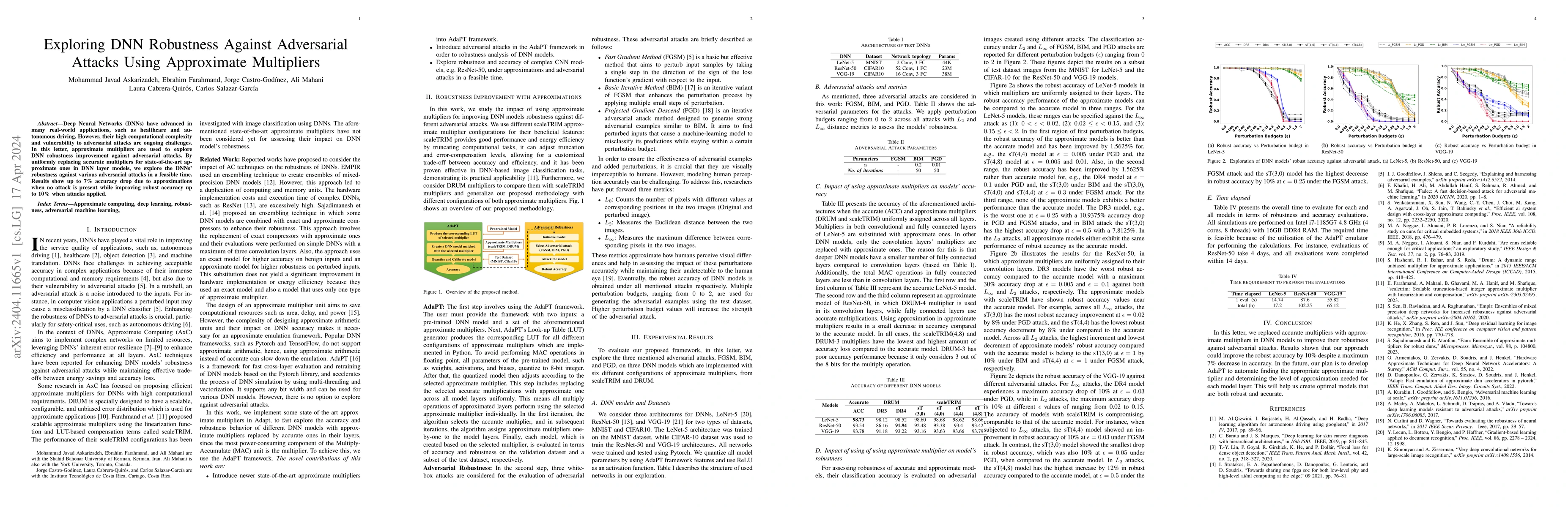 Thumbnail for Exploring DNN Robustness Against Adversarial Attacks Using Approximate
  Multipliers