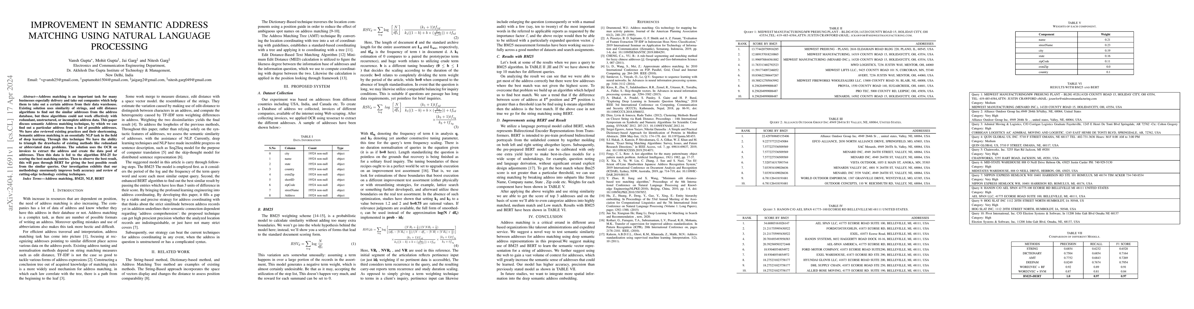 Thumbnail for Improvement in Semantic Address Matching using Natural Language
  Processing