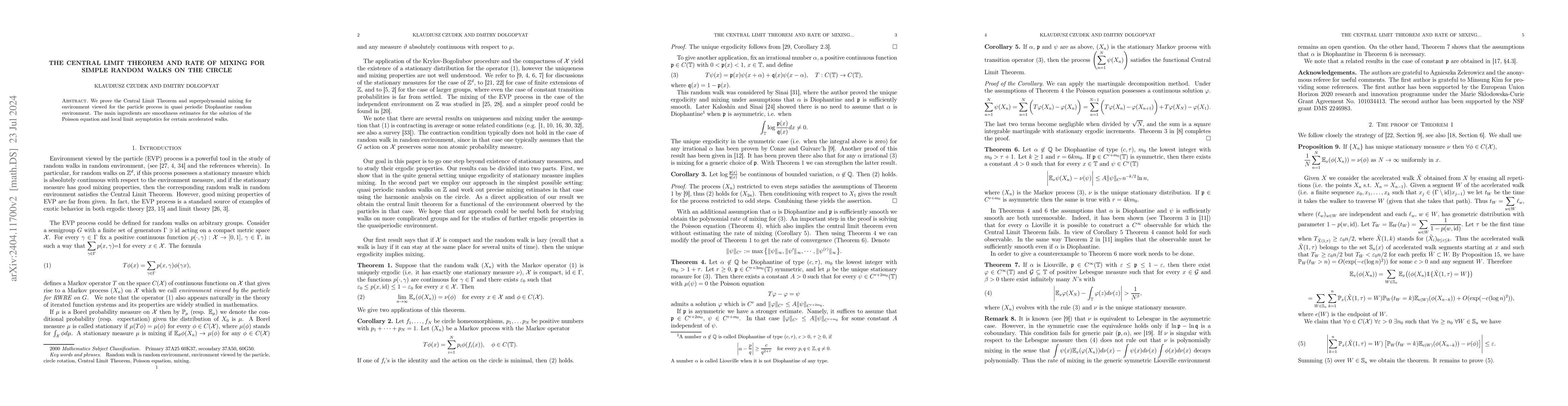 Thumbnail for The central limit theorem and rate of mixing for simple random walks on
  the circle