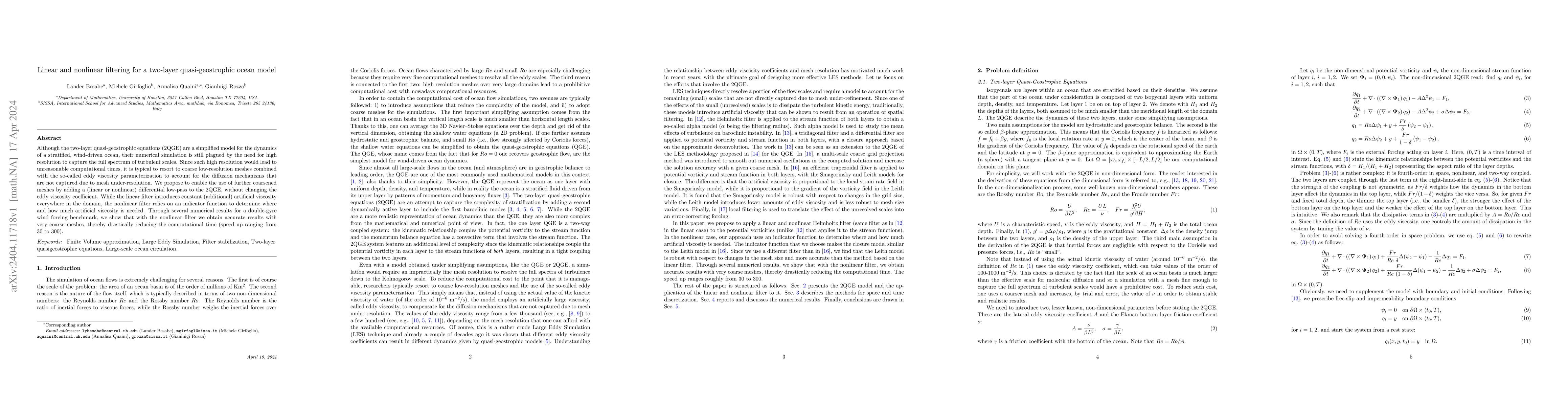 Thumbnail for Linear and nonlinear filtering for a two-layer quasi-geostrophic ocean
  model