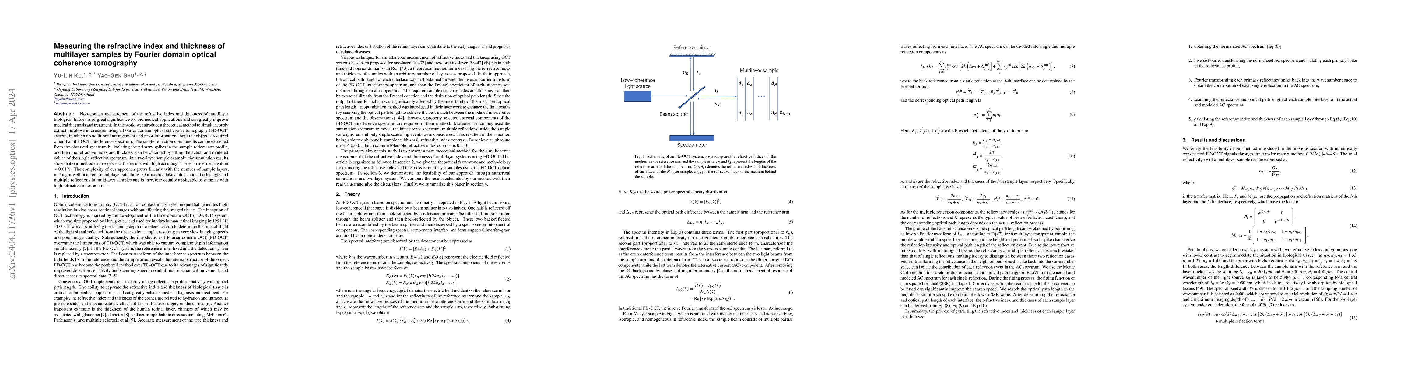 Thumbnail for Measuring the refractive index and thickness of multilayer samples by
  Fourier domain optical coherence tomography