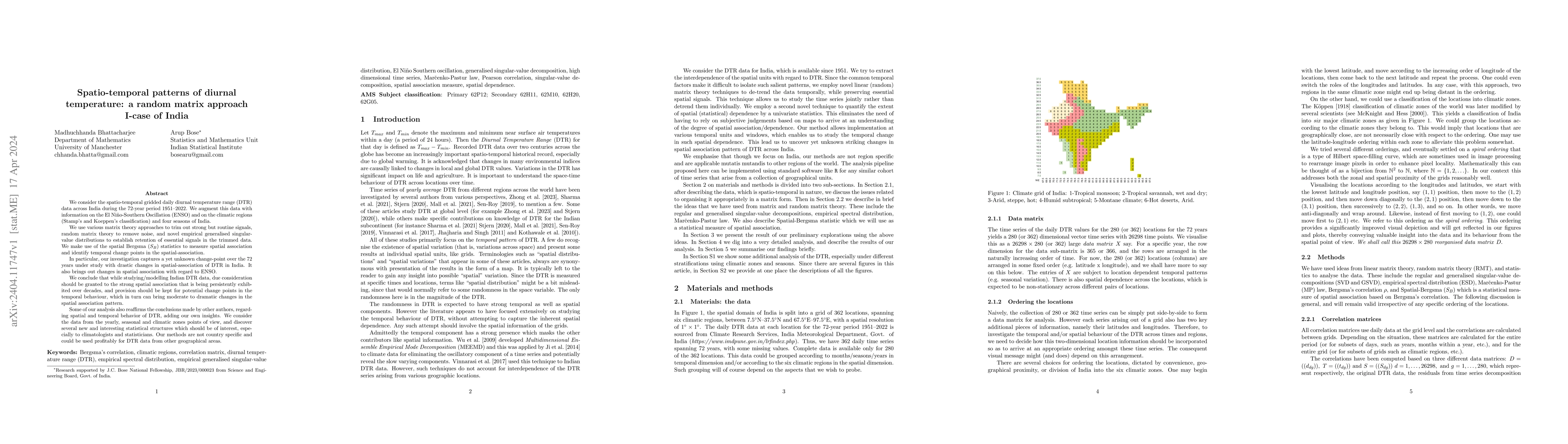 Thumbnail for Spatio-temporal patterns of diurnal temperature: a random matrix
  approach I-case of India