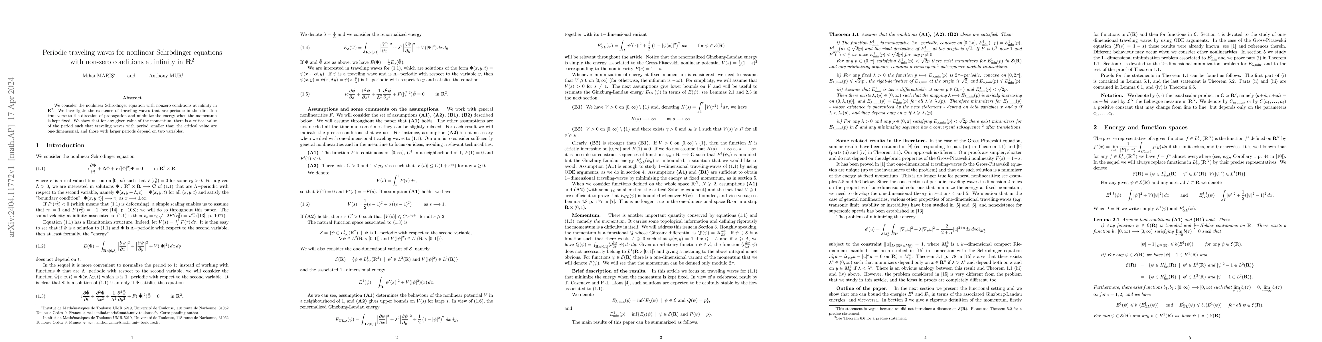 Thumbnail for Periodic traveling waves for nonlinear Schr\"odinger equations with
  non-zero conditions at infinity in $ \R ^2 $
