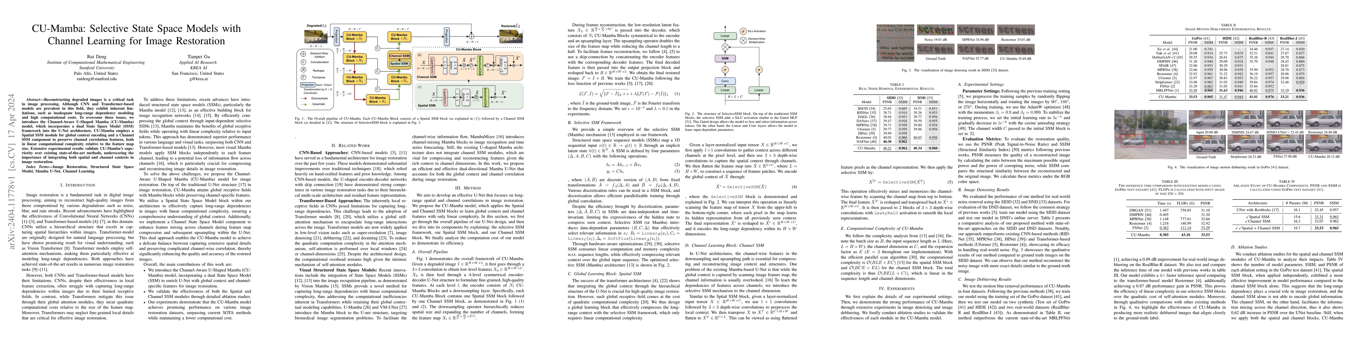 Thumbnail for CU-Mamba: Selective State Space Models with Channel Learning for Image
  Restoration