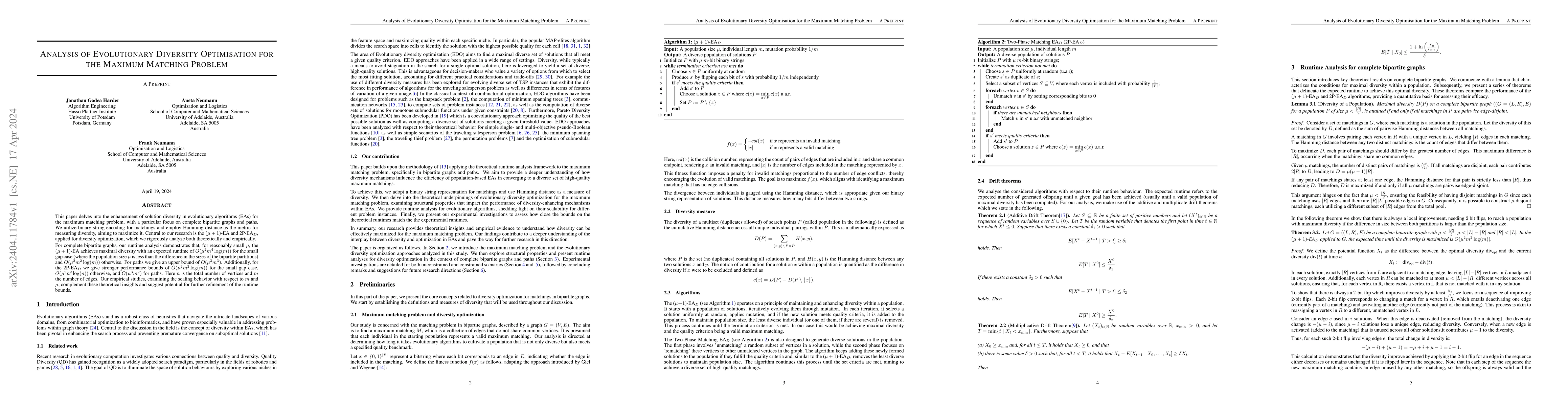 Thumbnail for Analysis of Evolutionary Diversity Optimisation for the Maximum Matching
  Problem