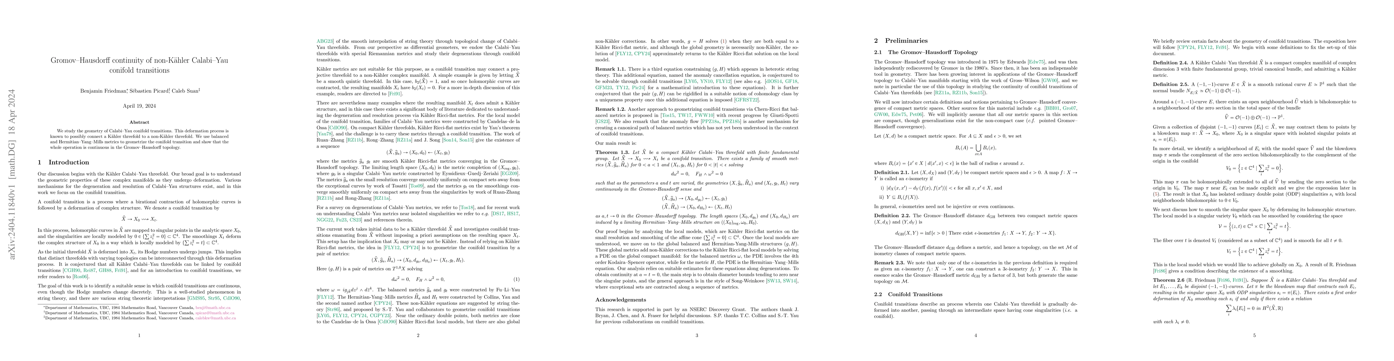 Thumbnail for Gromov-Hausdorff continuity of non-K\"ahler Calabi-Yau conifold
  transitions