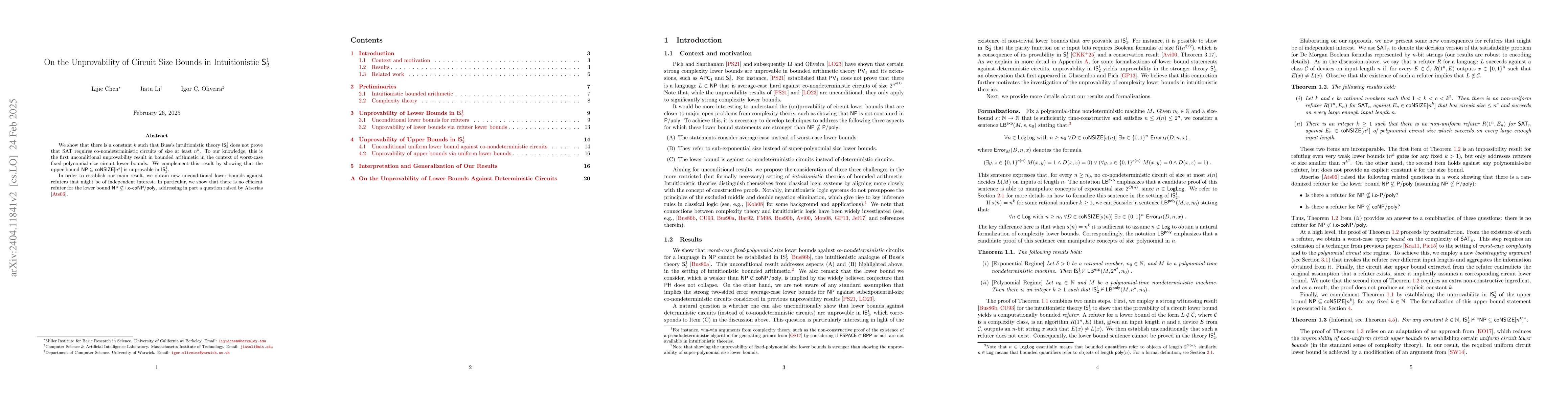 Thumbnail for On the Unprovability of Circuit Size Bounds in Intuitionistic
  $\mathsf{S}^1_2$