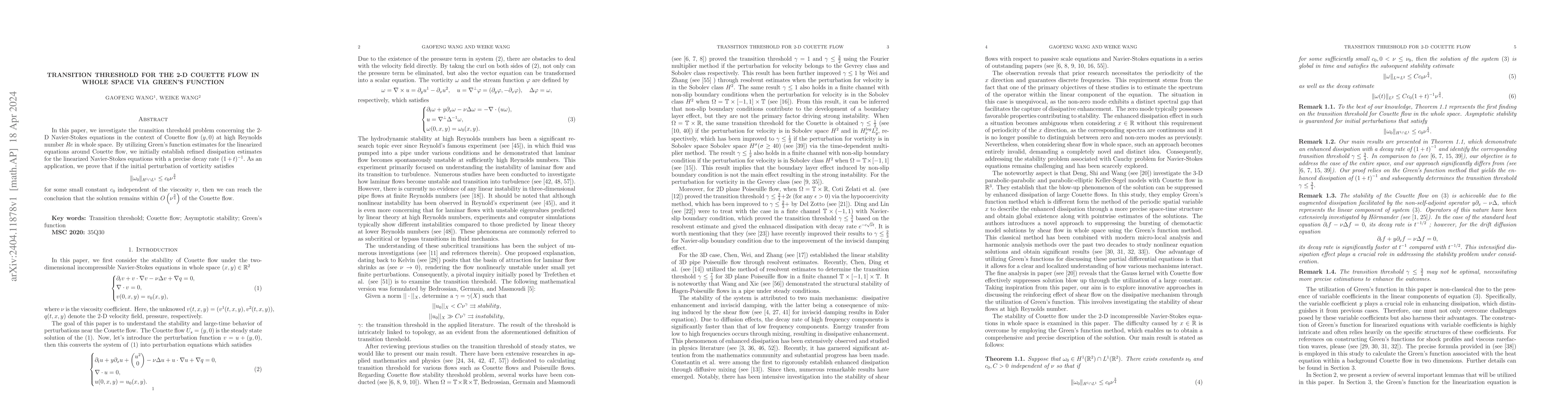 Thumbnail for Transition threshold for the 2-D Couette flow in whole space via Green's
  function