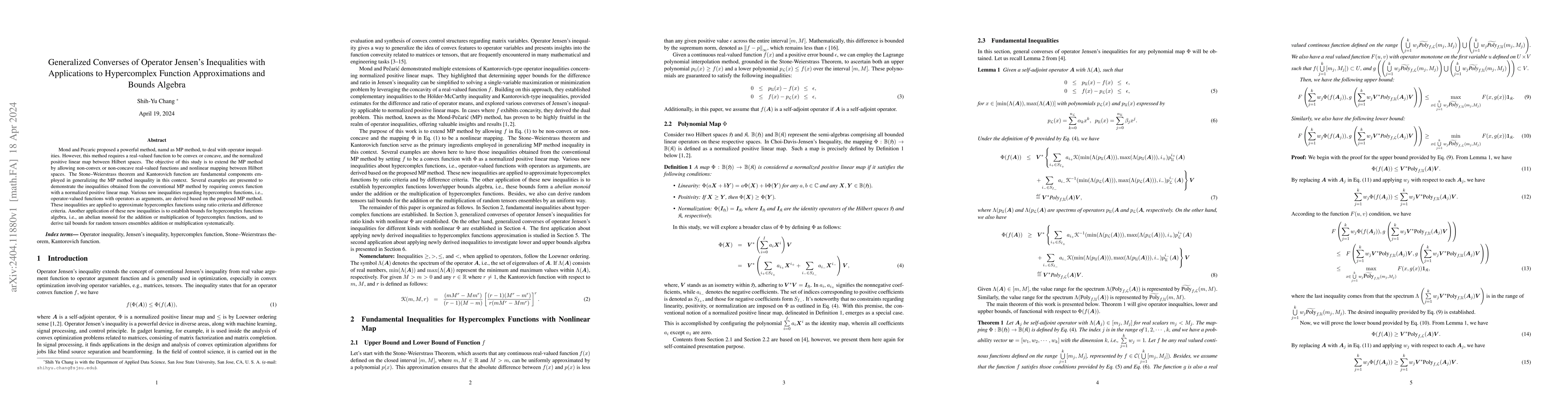 Thumbnail for Generalized Converses of Operator Jensens Inequalities with Applications
  to Hypercomplex Function Approximations and Bounds Algebra