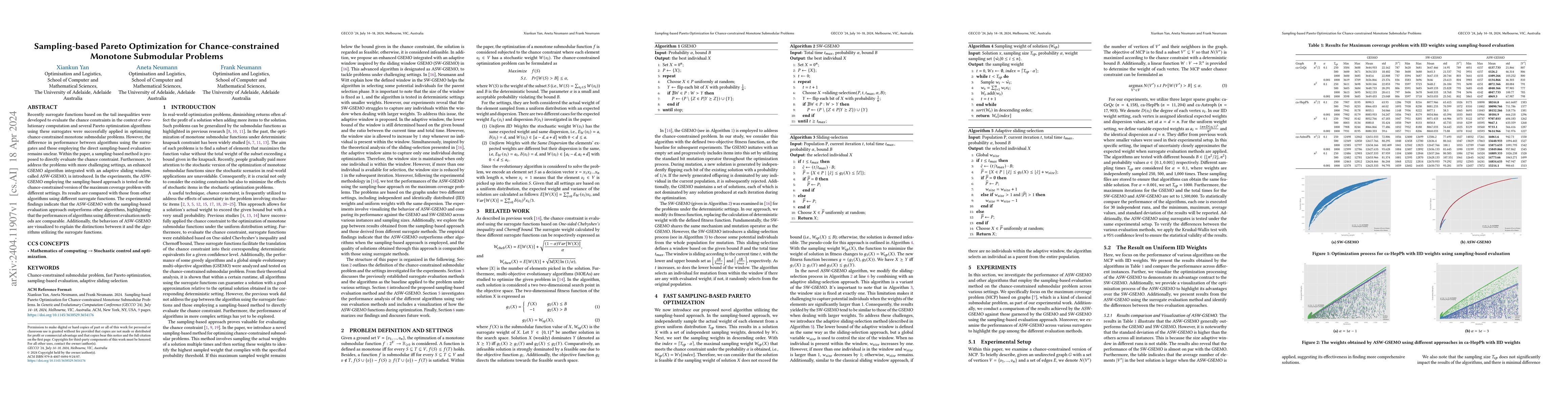 Thumbnail for Sampling-based Pareto Optimization for Chance-constrained Monotone
  Submodular Problems