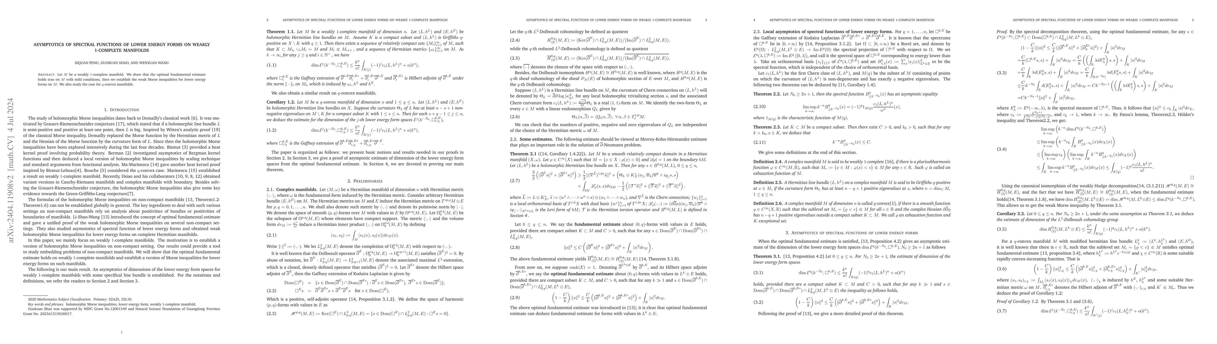 Thumbnail for Asymptotics of Spectral Functions of Lower Energy Forms on Weakly
  1-Complete Manifolds