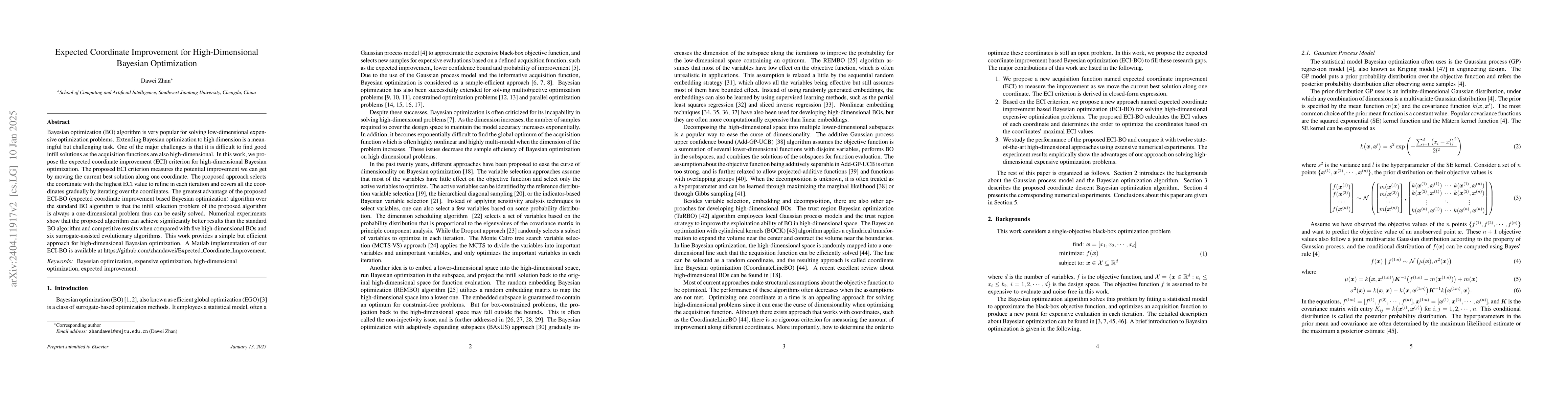 Thumbnail for Expected Coordinate Improvement for High-Dimensional Bayesian
  Optimization
