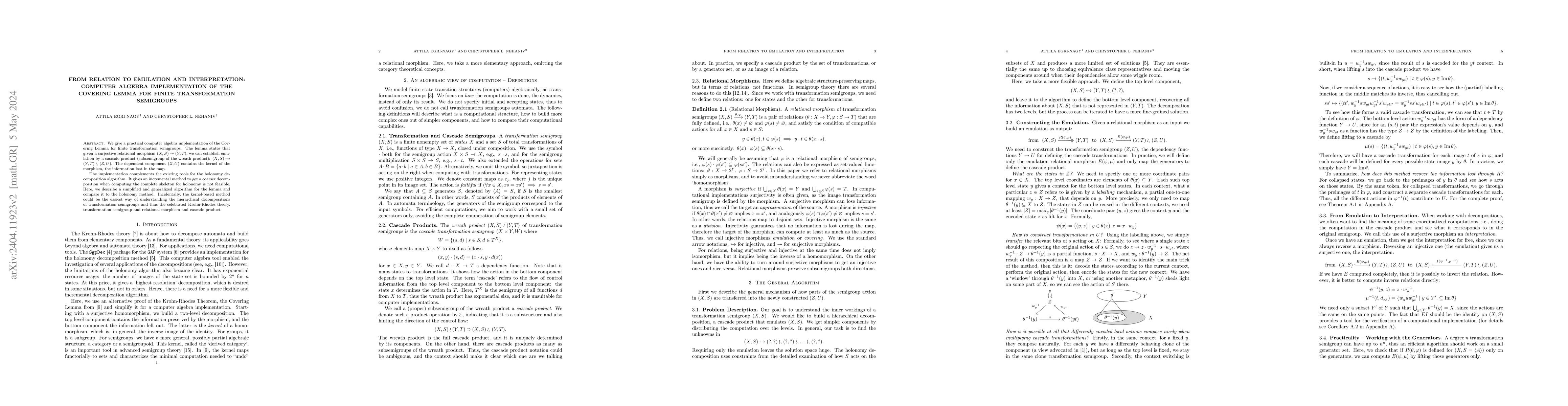 Thumbnail for From Relation to Emulation and Interpretation: Computer Algebra
  Implementation of the Covering Lemma for Finite Transformation Semigroups
