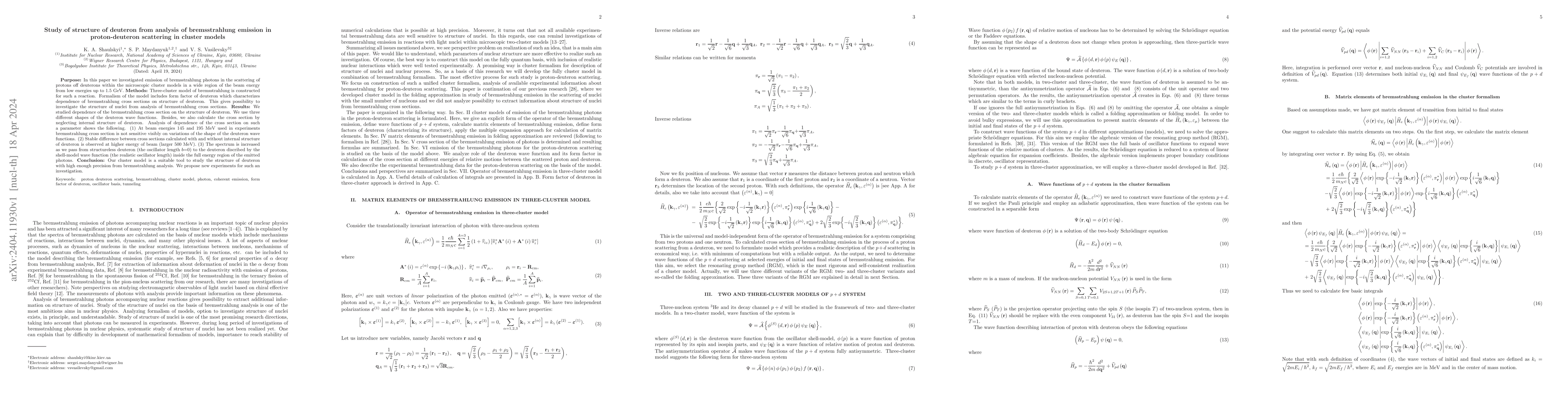 Thumbnail for Study of structure of deuteron from analysis of bremsstrahlung emission
  in proton-deuteron scattering in cluster models