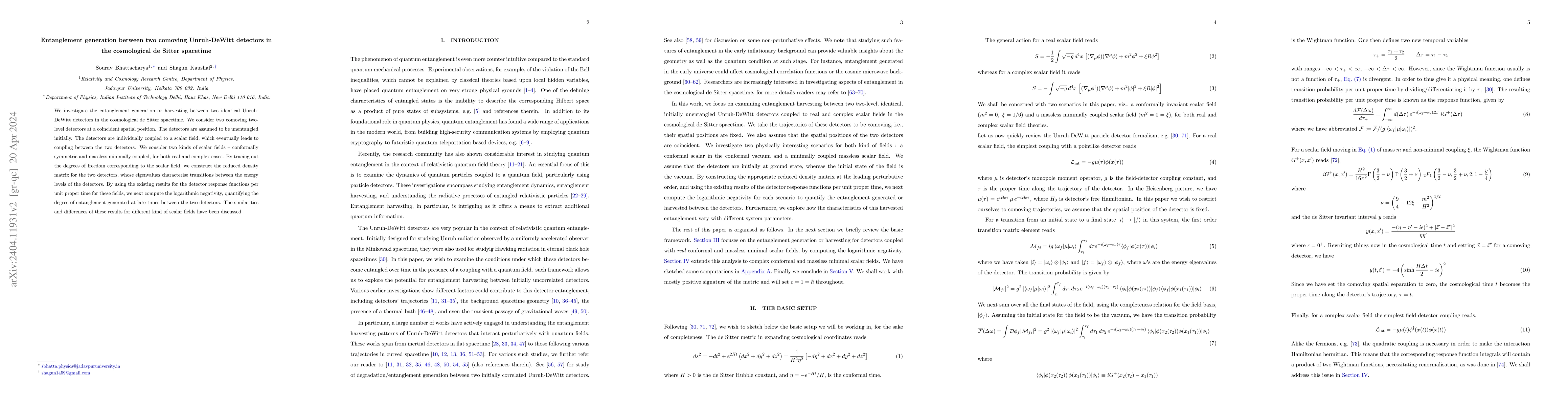 Thumbnail for Entanglement generation between two comoving Unruh-DeWitt detectors in
  the cosmological de Sitter spacetime