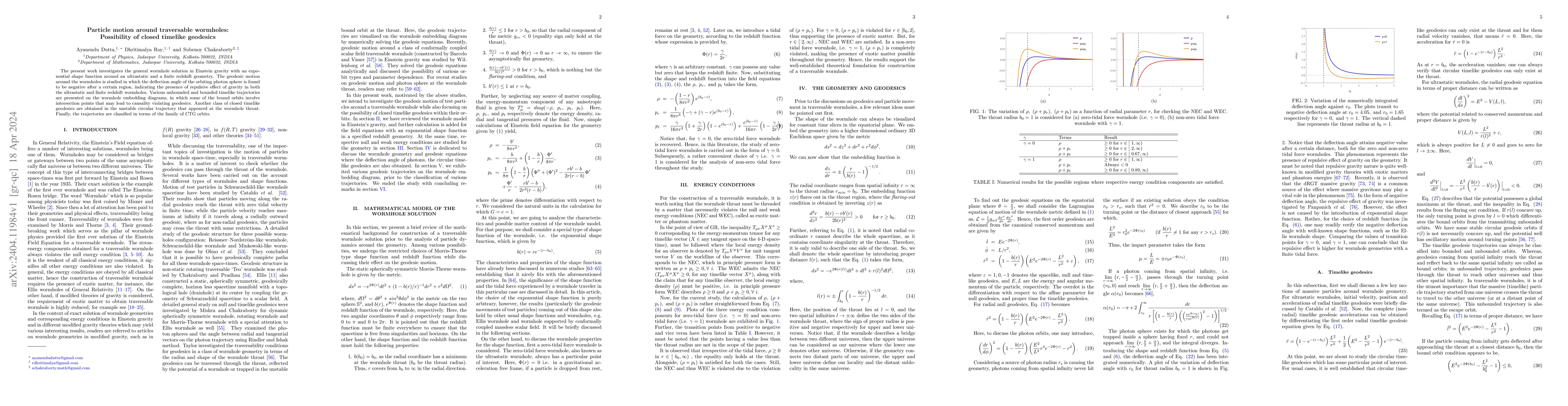 Thumbnail for Particle motion around traversable wormholes: Possibility of closed
  timelike geodesics