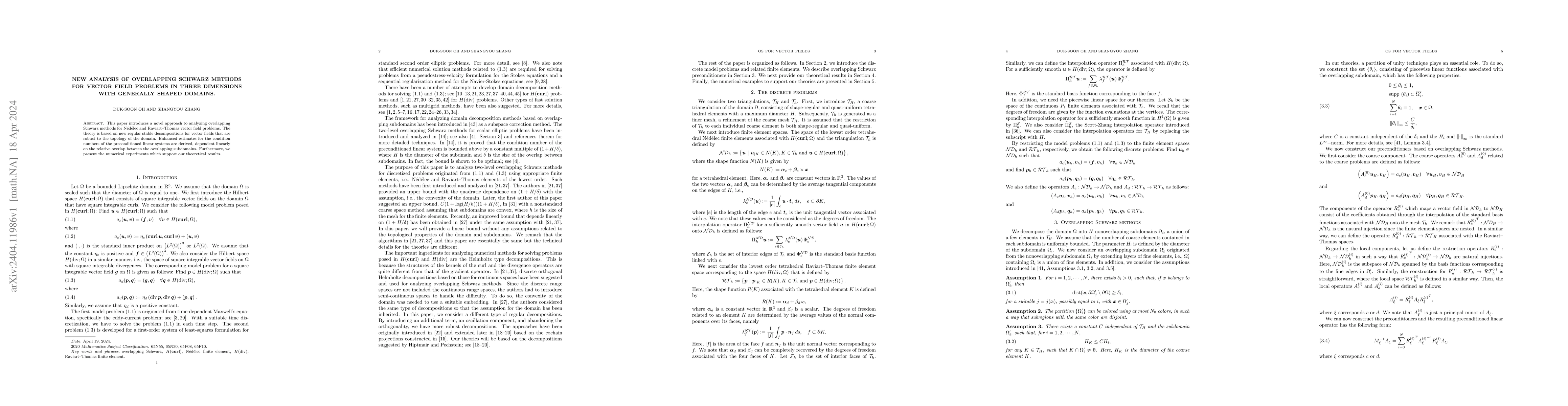 Thumbnail for New Analysis of Overlapping Schwarz Methods for Vector Field Problems in
  Three Dimensions with Generally Shaped Domains