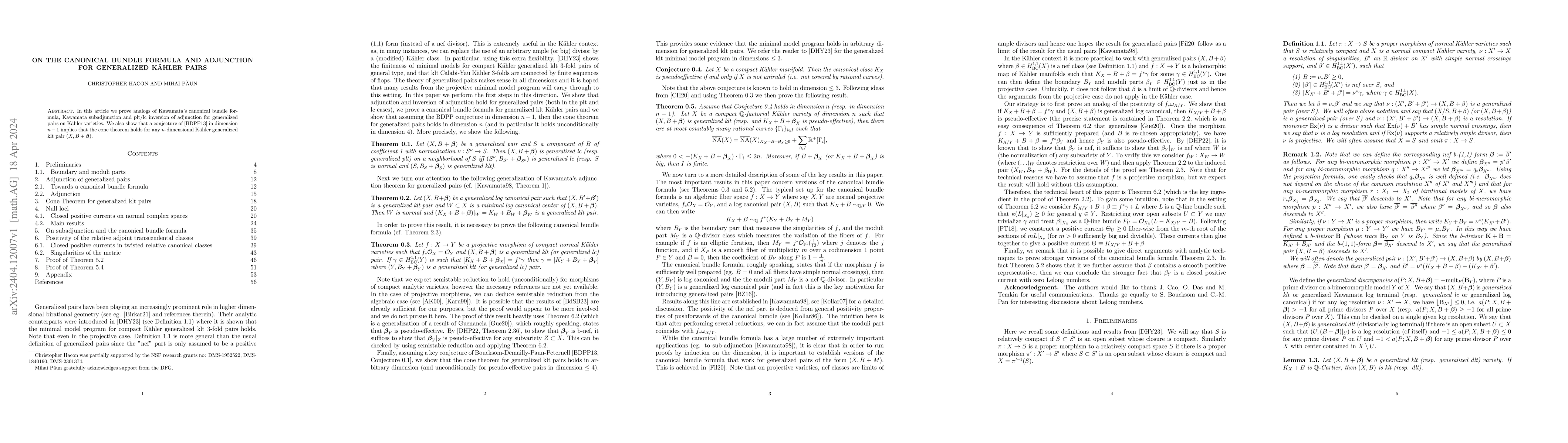 Thumbnail for On the Canonical Bundle Formula and Adjunction for Generalized Kaehler
  Pairs