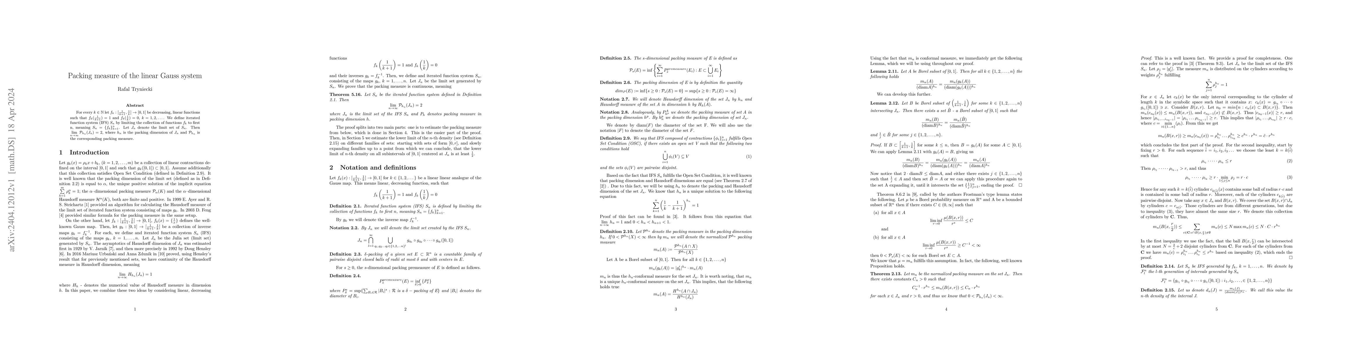Thumbnail for Packing measure of the linear Gauss system