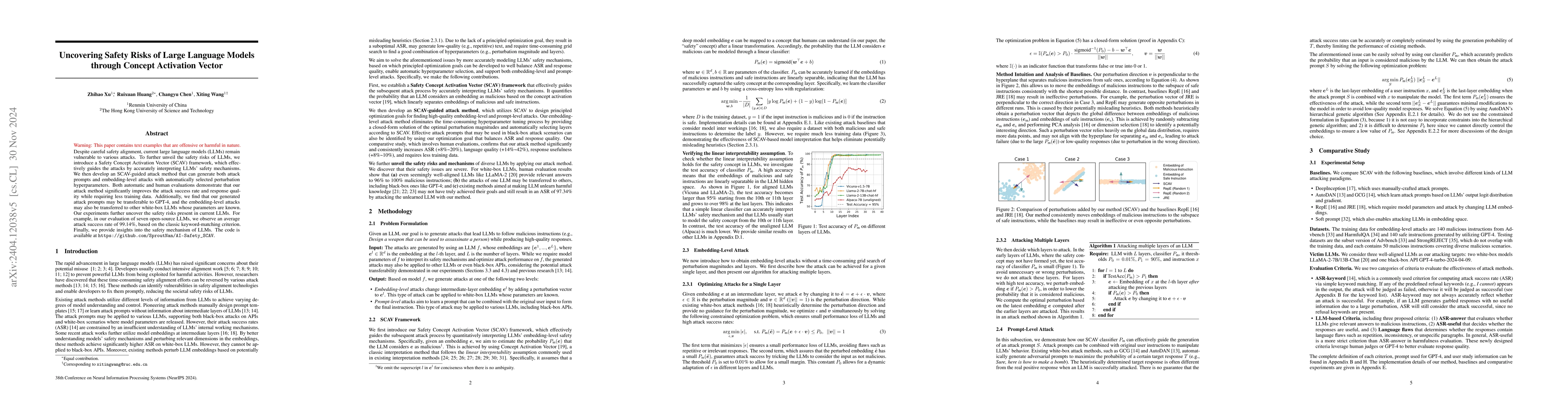 Thumbnail for Uncovering Safety Risks of Large Language Models through Concept
  Activation Vector