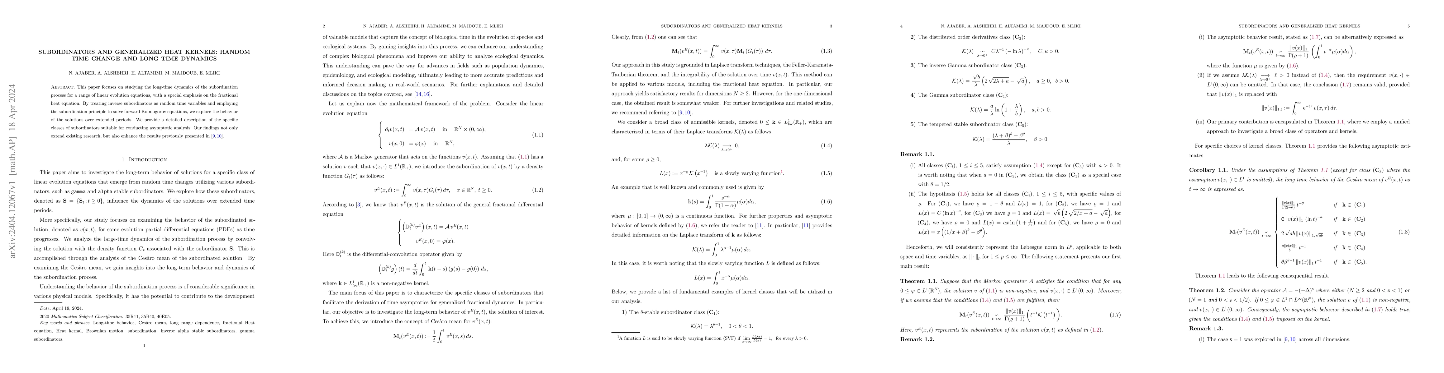 Thumbnail for Subordinators and generalized heat kernels: Random time change and long
  time dynamics