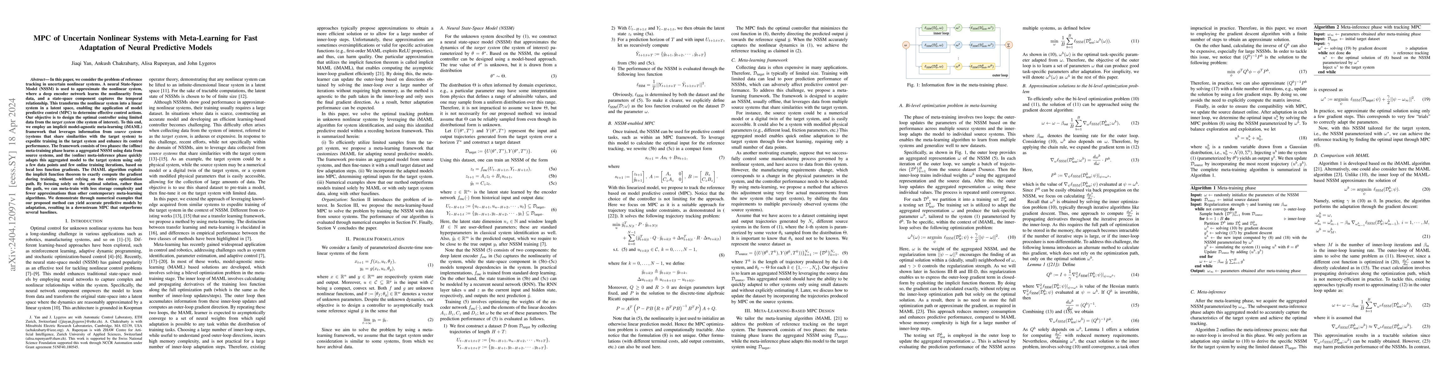 Thumbnail for MPC of Uncertain Nonlinear Systems with Meta-Learning for Fast
  Adaptation of Neural Predictive Models