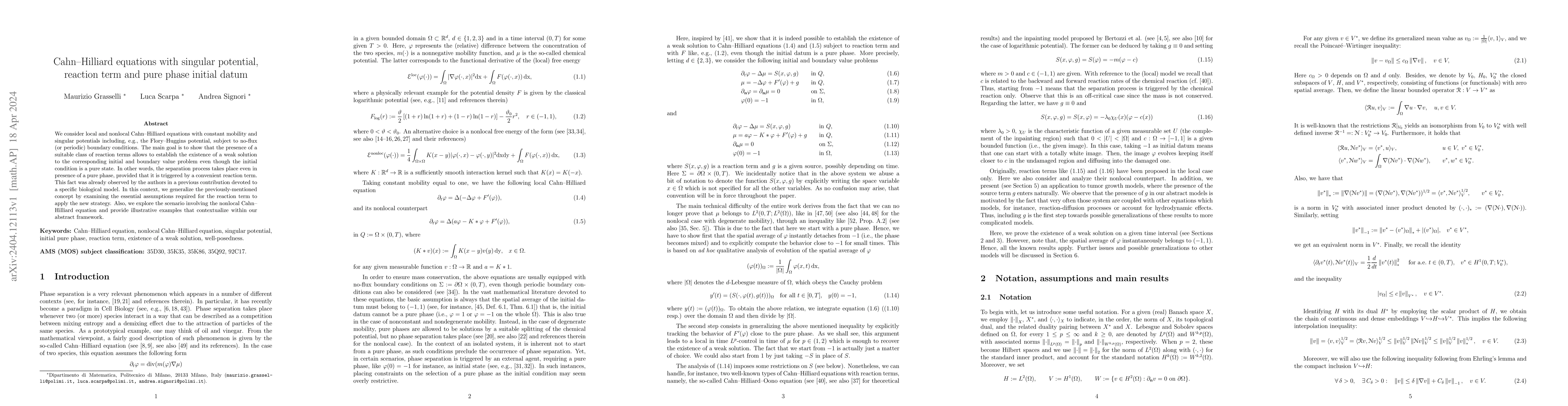 Thumbnail for Cahn-Hilliard equations with singular potential, reaction term and pure
  phase initial datum