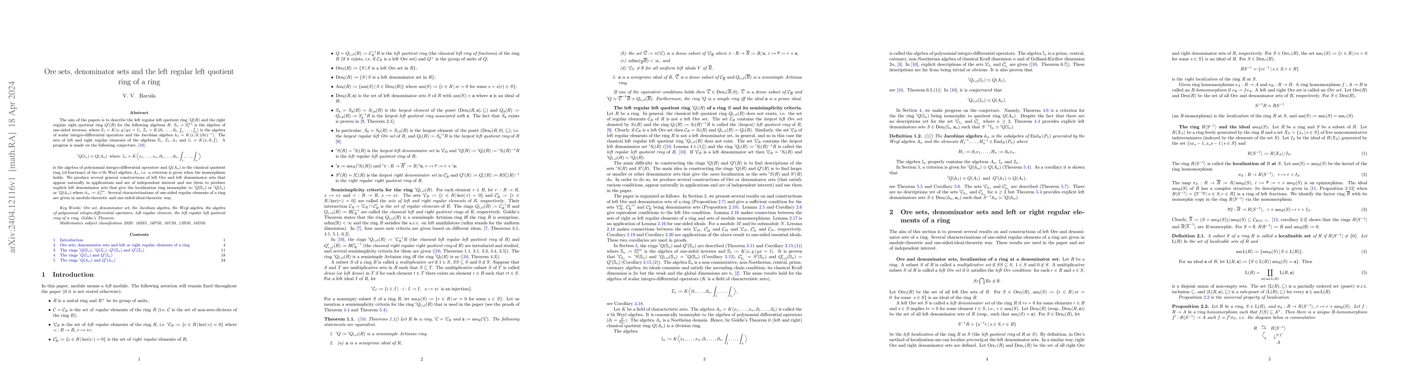 Thumbnail for Ore sets, denominator sets and the left regular left quotient ring of a
  ring